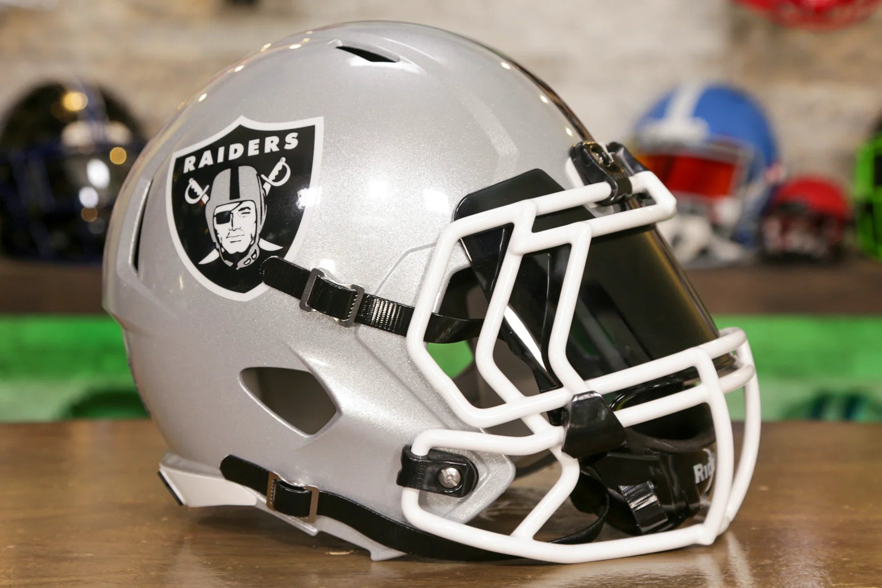3d football helmet raiders Las Vegas Riddell Speed Display a 4 point chinstrap Raiders Revo Speed Flex Riddell