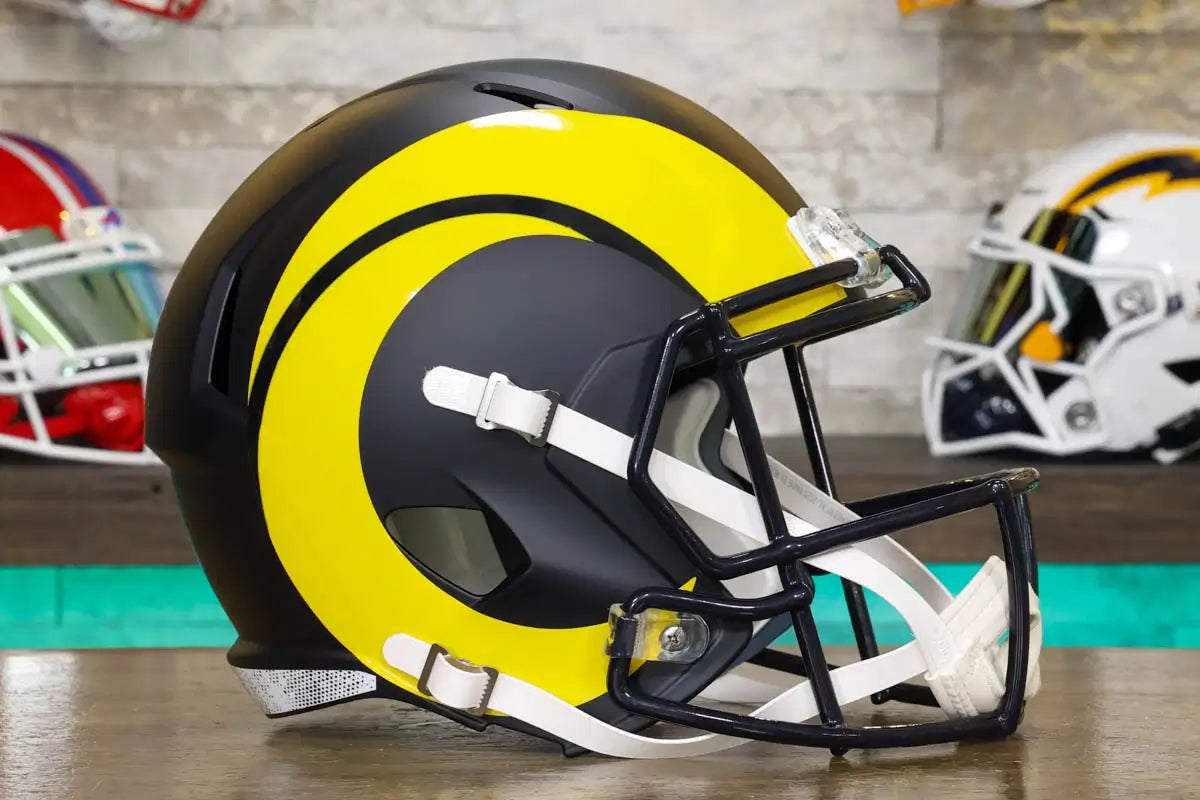 black and yellow football helmet G.I. Joe Helmet Features Los Angeles Rams Rivalries On
