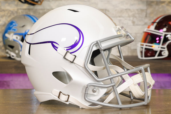brogies bikewear nfl minnesota vikings motorcycle half helmets Alternate White 2024 On-Field Riddell Speed Replica Full Size Football Helmet and official paint and decals Minnesota Vikings Riddell Speed Display