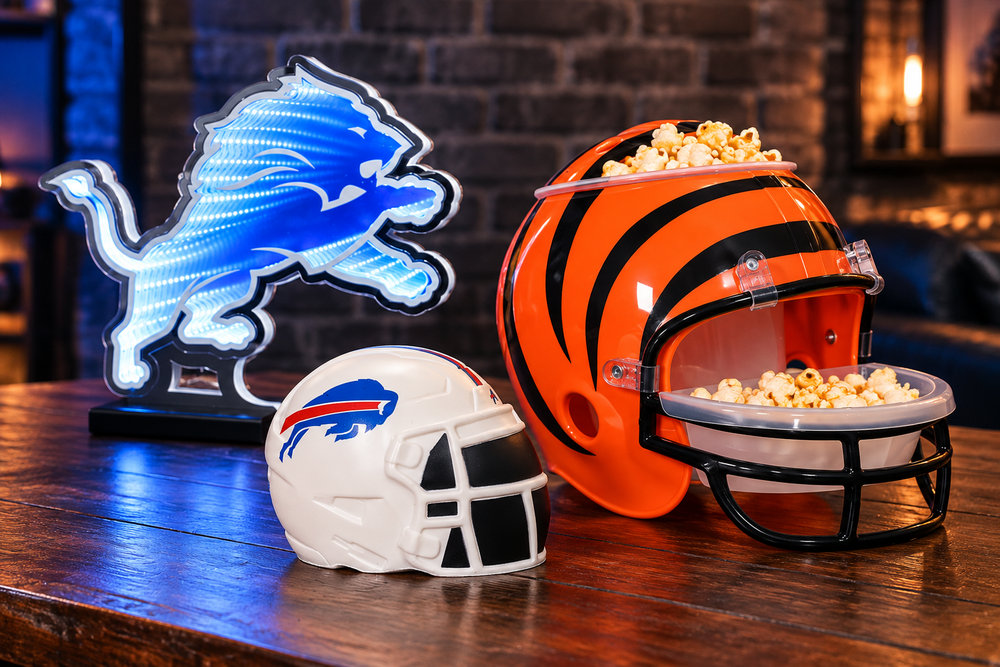Detroit Lions LED infinity light, Buffalo Bills Jumbo Squeezymates helmet, and Cincinnati Bengals snack helmet