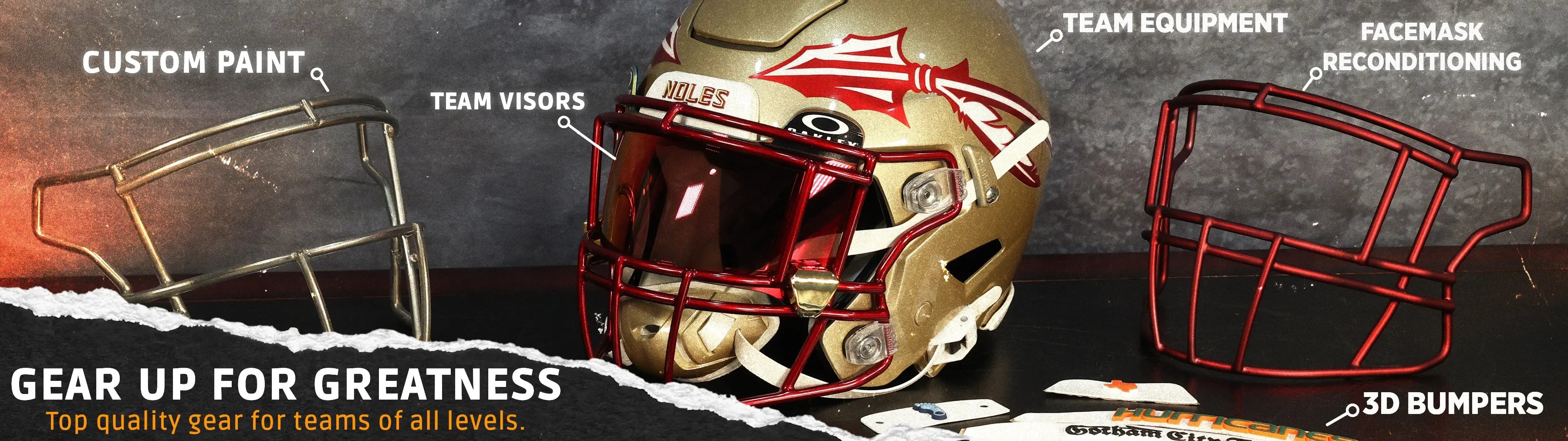 Green Gridiron team services including custom paint, team visors, facemask reconditioning, and 3D bumpers